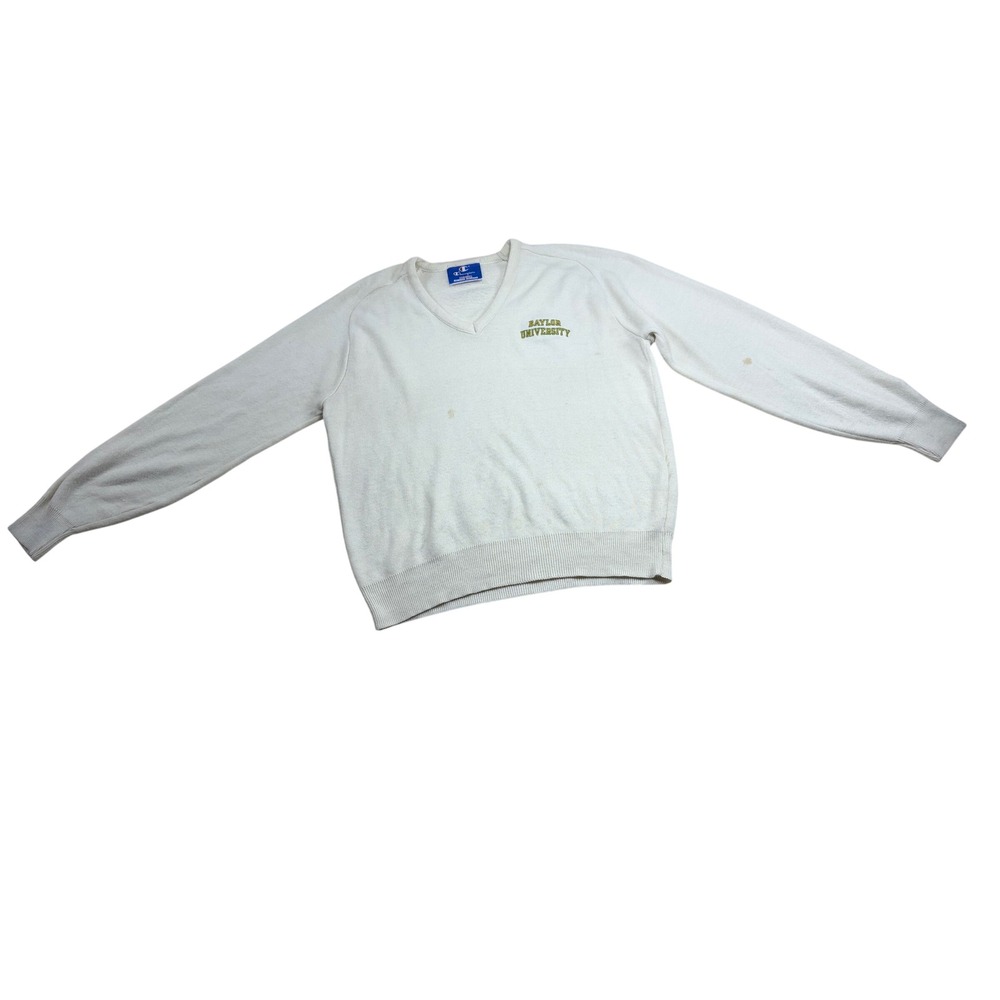 Vintage Champion Baylor University V-Neck Sweater Cream White Made in USA Medium